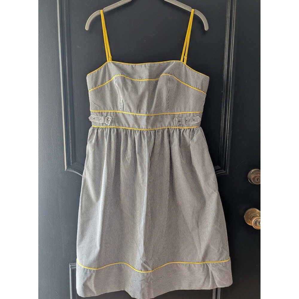 Fit & Flare Sailor Dress Navy White Seersucker Striped Yellow Piping 10 Preppy
